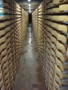 Gruyere cheese stacked, Gruyere, Switzerland.