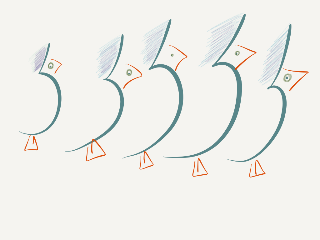 Drawing made on Paper iOS app using fingers. 
Penguins marching.
